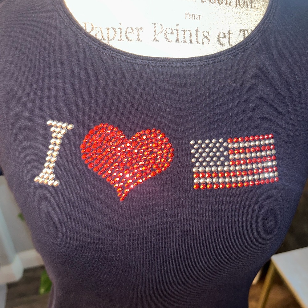 Karen Scott Navy Blue Tee with Heart and Flag Design